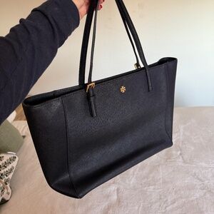 Tory Burch Black Leather Tote with Gold Logo
